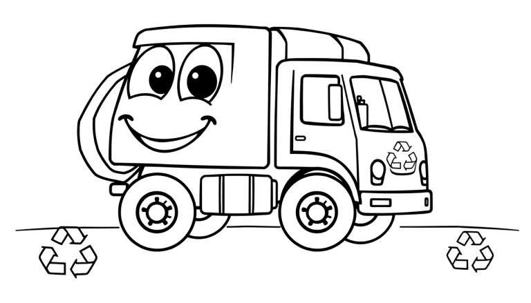A friendly black and white cartoon recycling truck with a smiling face and recycling symbols, ready to roll. This color panel shows a happy helper for our planet.