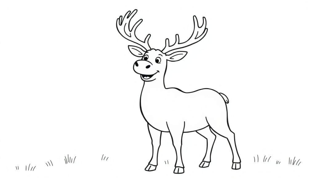 A black and white cartoon drawing of a happy reindeer with large antlers, perfect for a color panel.