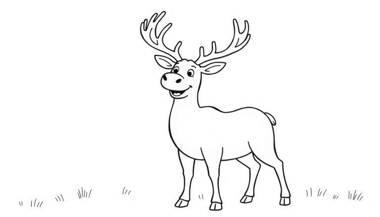 A black and white cartoon drawing of a happy reindeer with large antlers, perfect for a color panel.