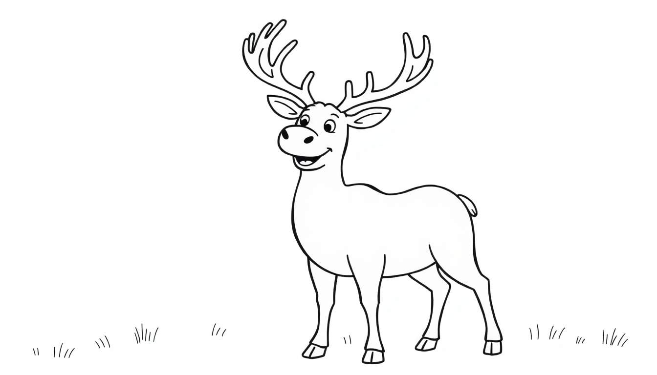A black and white cartoon drawing of a happy reindeer with large antlers, perfect for a color panel.