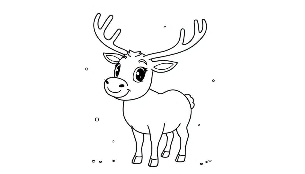 A black and white cartoon color panel of a happy reindeer with big antlers.