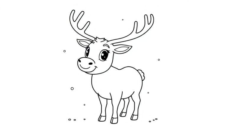 A black and white cartoon color panel of a happy reindeer with big antlers.