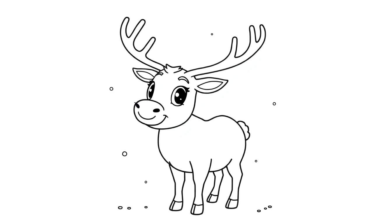 A black and white cartoon color panel of a happy reindeer with big antlers.