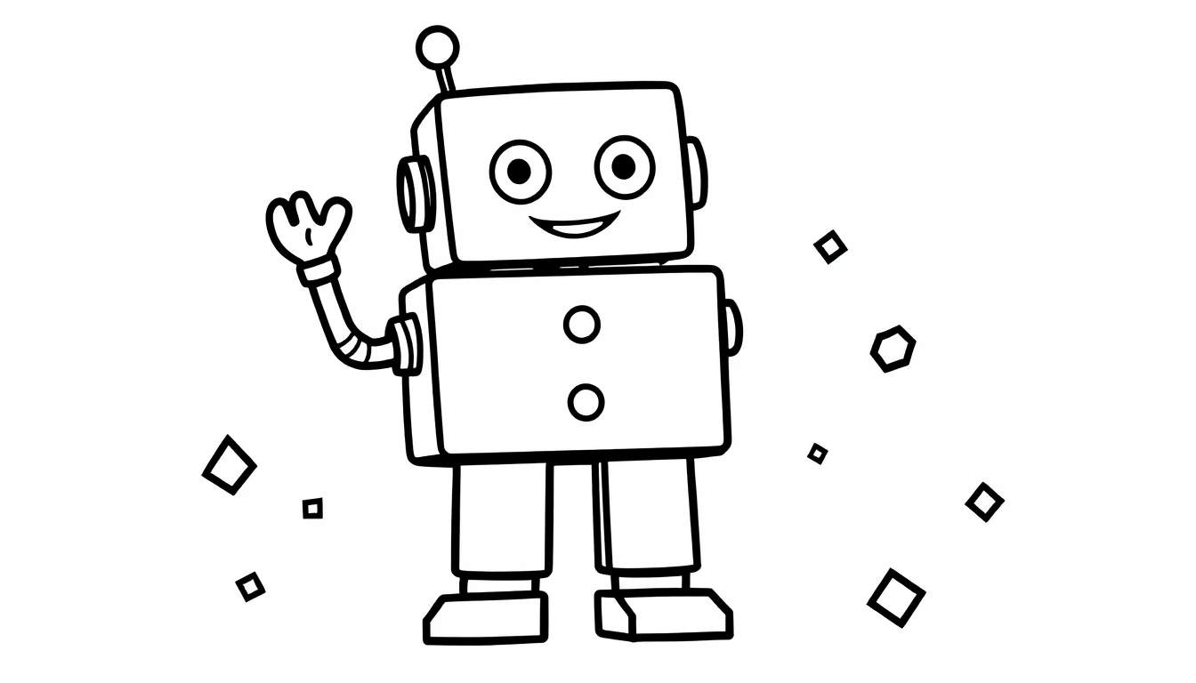 A friendly robot waving hello, a fun color panel for kids.