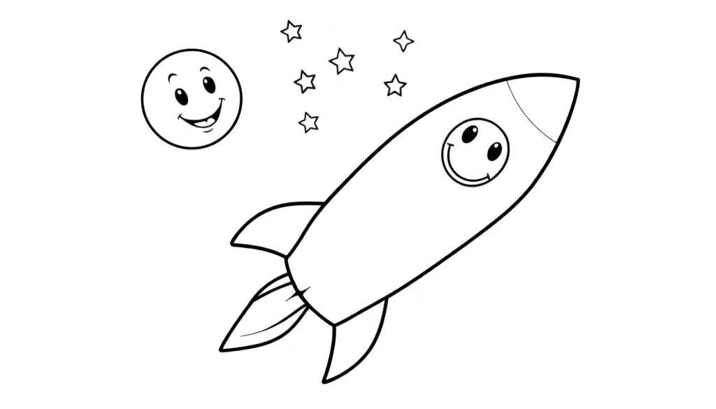 A black and white cartoon color panel of a happy rocket and moon with stars, ready for coloring.