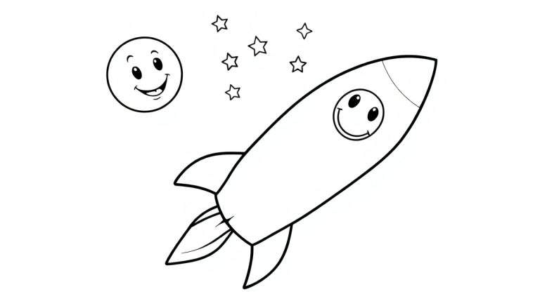 A black and white cartoon color panel of a happy rocket and moon with stars, ready for coloring.