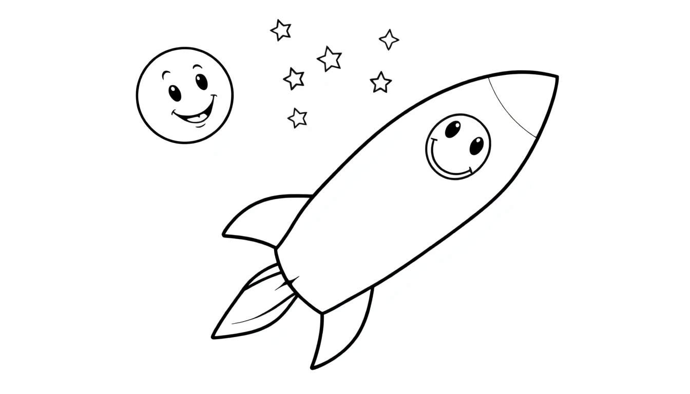 A black and white cartoon color panel of a happy rocket and moon with stars, ready for coloring.