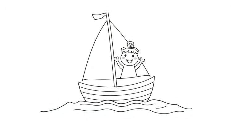 A happy captain in a sailboat, ready for adventure on a wavy sea. This is a black and white color panel.