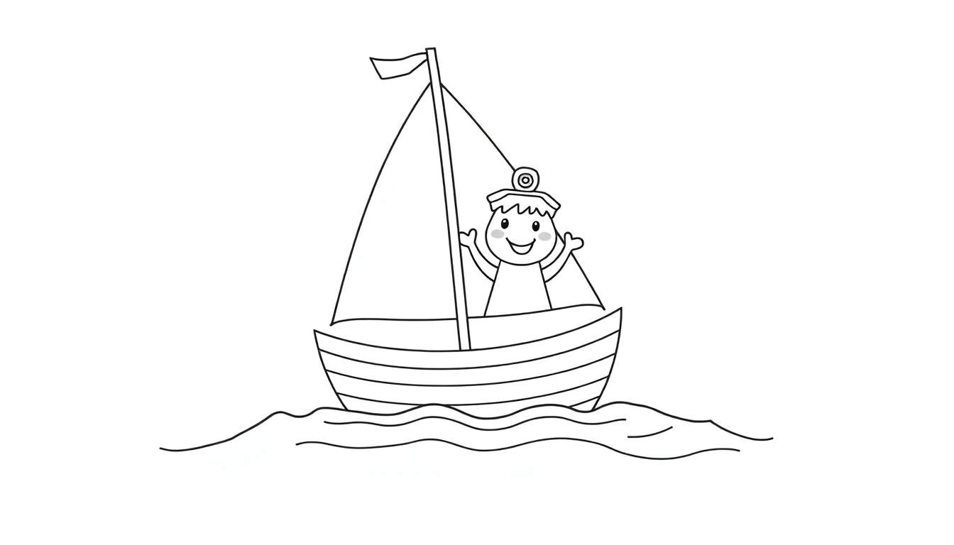 A happy captain in a sailboat, ready for adventure on a wavy sea. This is a black and white color panel.