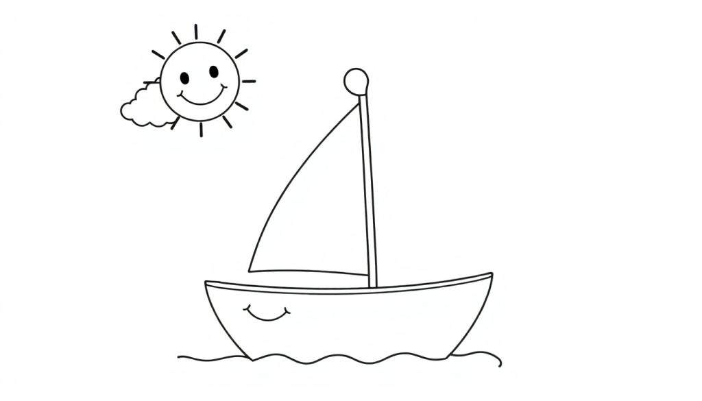 A smiling sailboat on wavy water with a smiling sun and a cloud, a cute coloring panel.