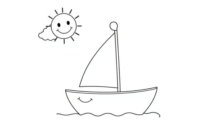 A smiling sailboat on wavy water with a smiling sun and a cloud, a cute coloring panel.