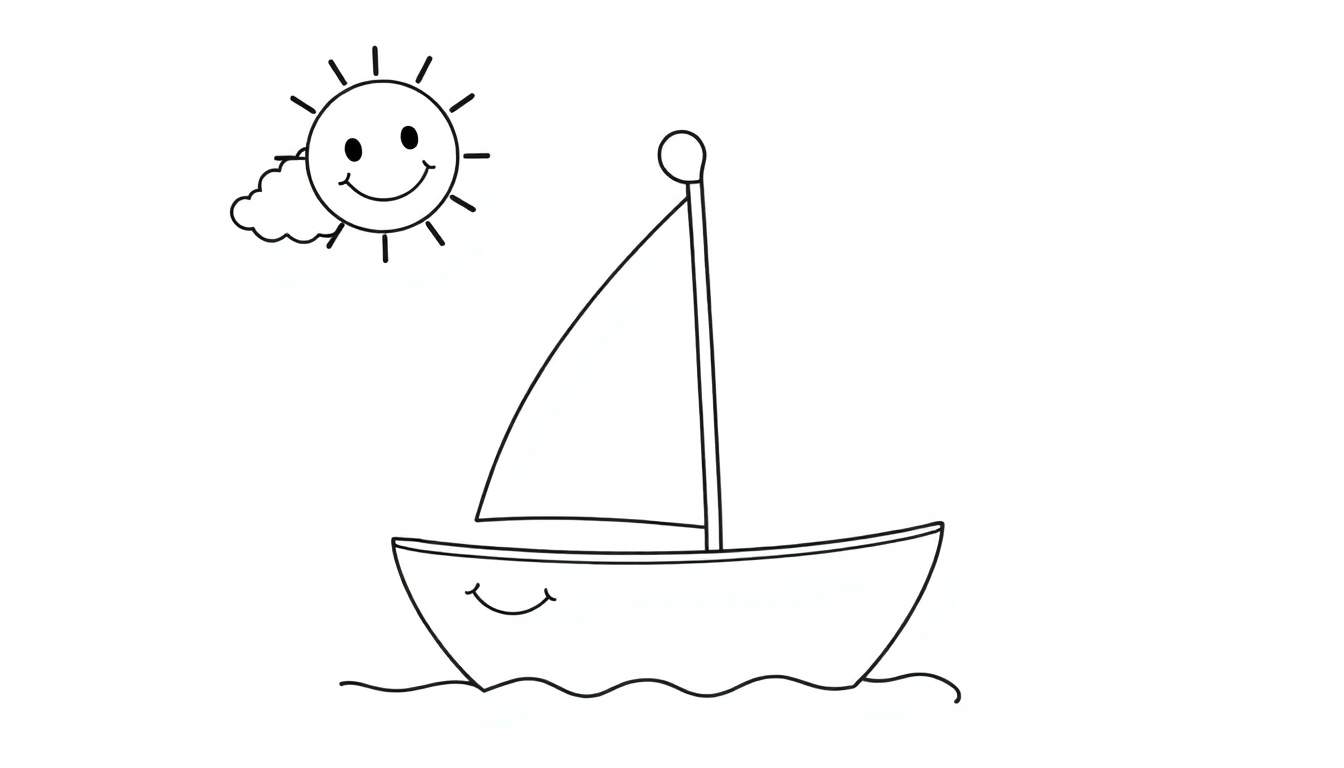 A smiling sailboat on wavy water with a smiling sun and a cloud, a cute coloring panel.