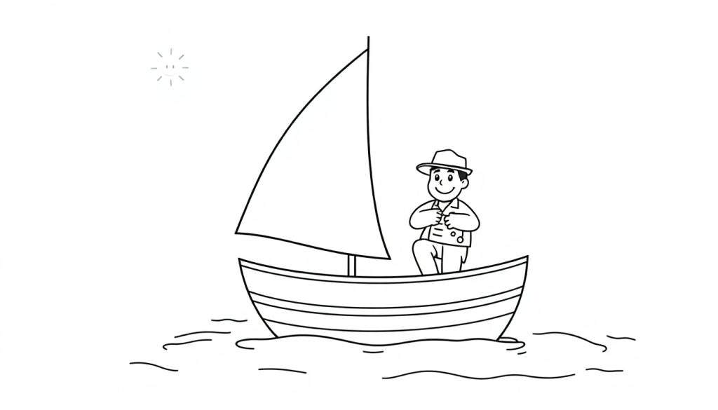A happy captain smiles in a sailboat with a single sail, ready to explore the ocean on this black and white color panel.