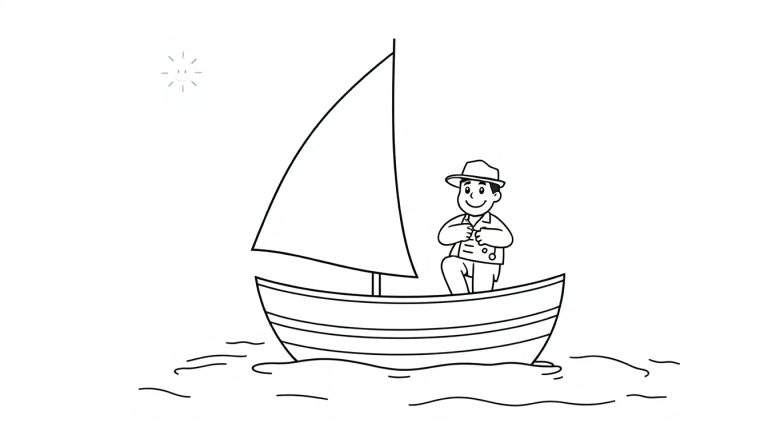 A happy captain smiles in a sailboat with a single sail, ready to explore the ocean on this black and white color panel.