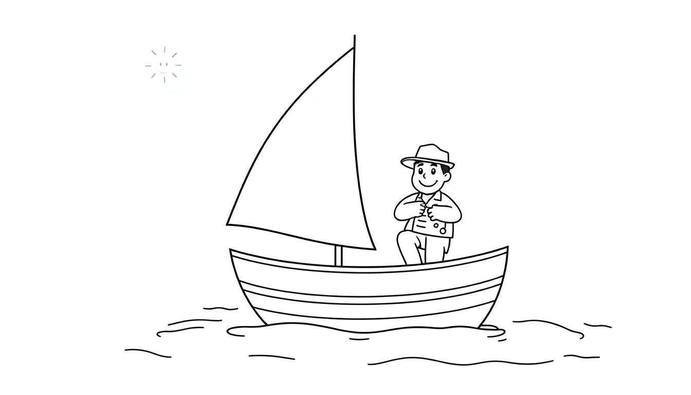 A happy captain smiles in a sailboat with a single sail, ready to explore the ocean on this black and white color panel.
