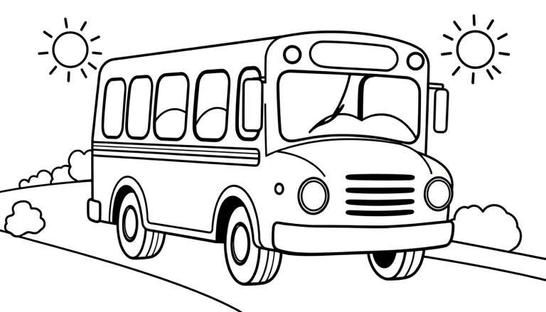 A black and white color panel of a happy school bus on a road with two suns and bushes.