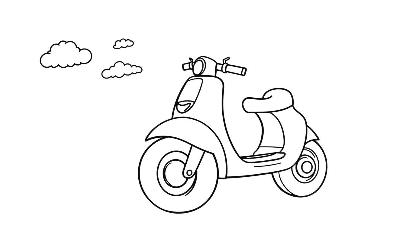 A cute black and white cartoon scooter coloring panel with big wheels and a few clouds.