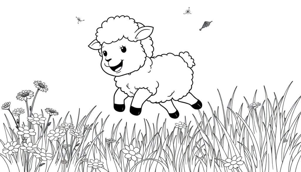 A cheerful cartoon sheep mid-leap in a black and white coloring panel.