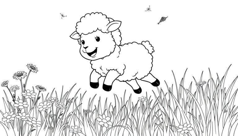 A cheerful cartoon sheep mid-leap in a black and white coloring panel.