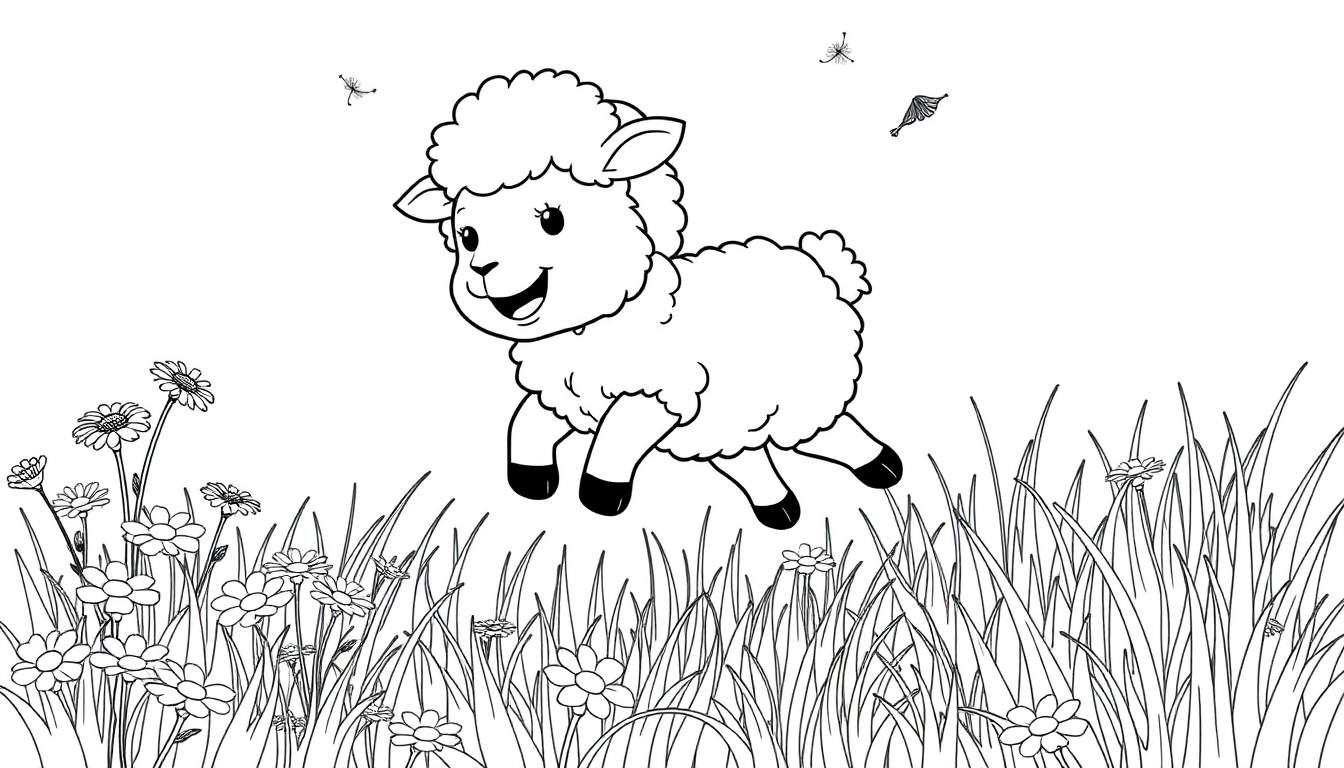 A cheerful cartoon sheep mid-leap in a black and white coloring panel.
