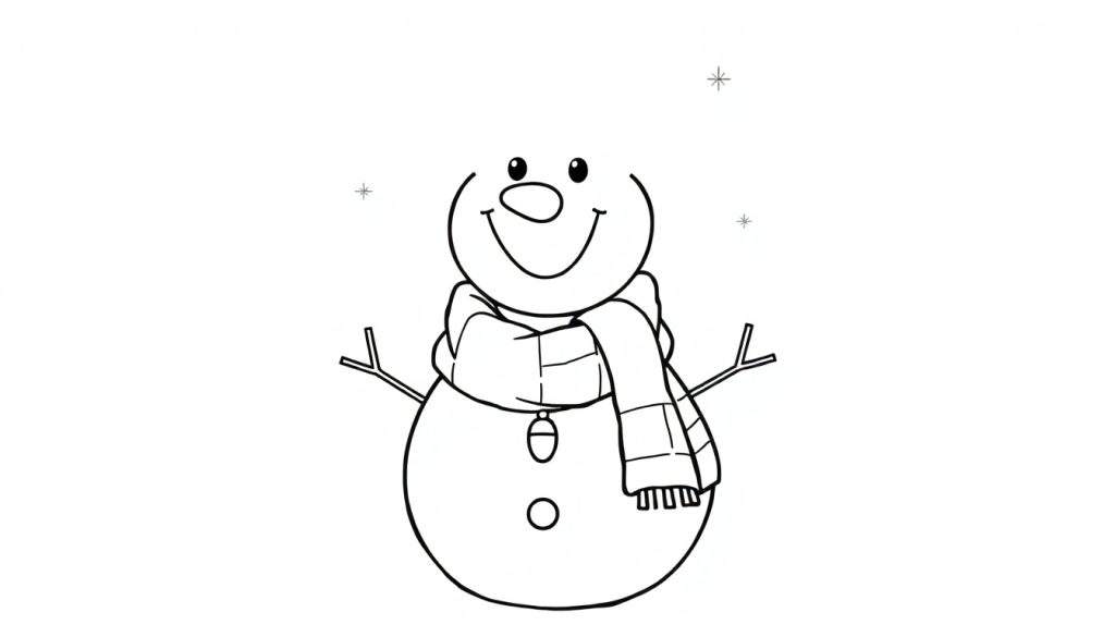 A smiling black and white snowman color panel with stick arms and a striped scarf, ready to be colored.