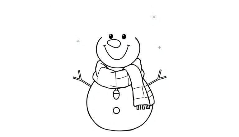 A smiling black and white snowman color panel with stick arms and a striped scarf, ready to be colored.