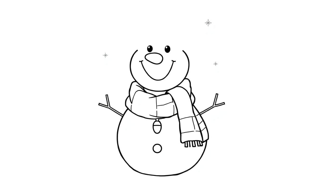 A smiling black and white snowman color panel with stick arms and a striped scarf, ready to be colored.