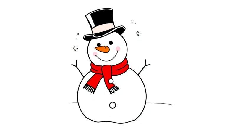 A cheerful cartoon snowman for a black and white color panel, with a carrot nose, top hat, and scarf.