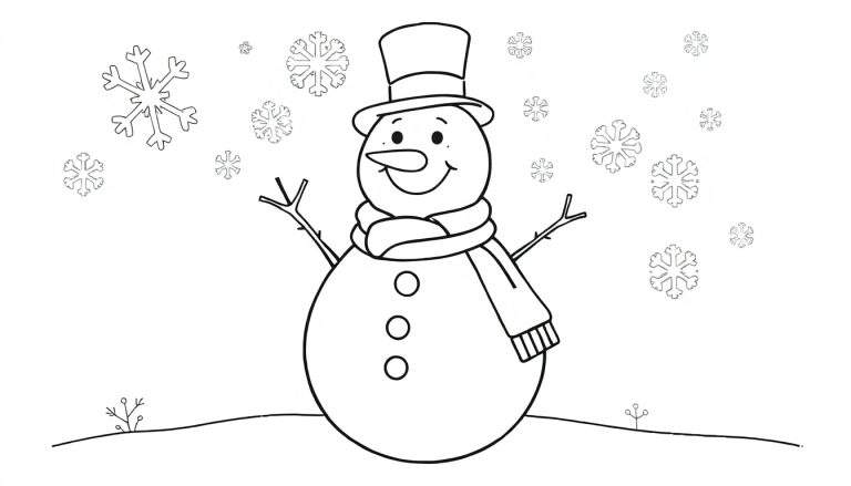 A happy snowman with a hat and scarf waving, surrounded by snowflakes. This is a black and white color panel for coloring.