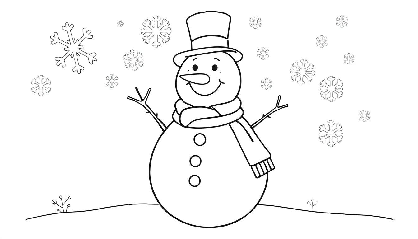 A happy snowman with a hat and scarf waving, surrounded by snowflakes. This is a black and white color panel for coloring.