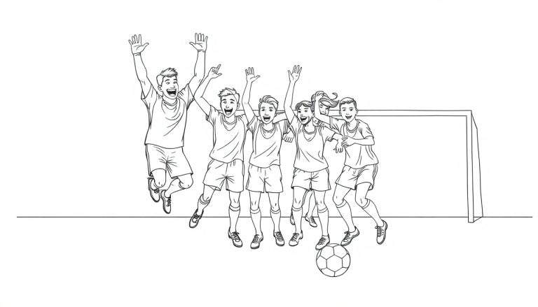 A black and white line drawing of a happy soccer team celebrating a win, with a goalie, defenders, and forwards jumping for joy near a soccer ball and goal, ready for a color panel.