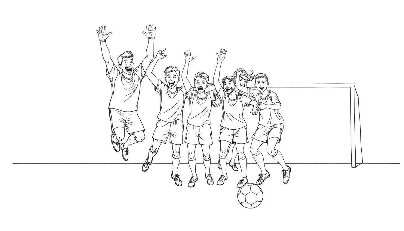 A black and white line drawing of a happy soccer team celebrating a win, with a goalie, defenders, and forwards jumping for joy near a soccer ball and goal, ready for a color panel.