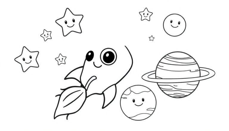 A cute black and white rocket ship with a happy face blasting off into space, surrounded by smiling stars and planets. This is a fun color panel.