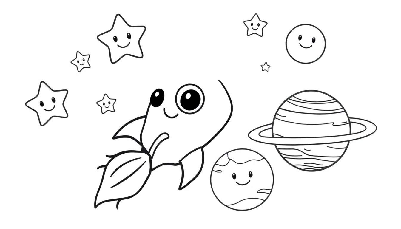 A cute black and white rocket ship with a happy face blasting off into space, surrounded by smiling stars and planets. This is a fun color panel.