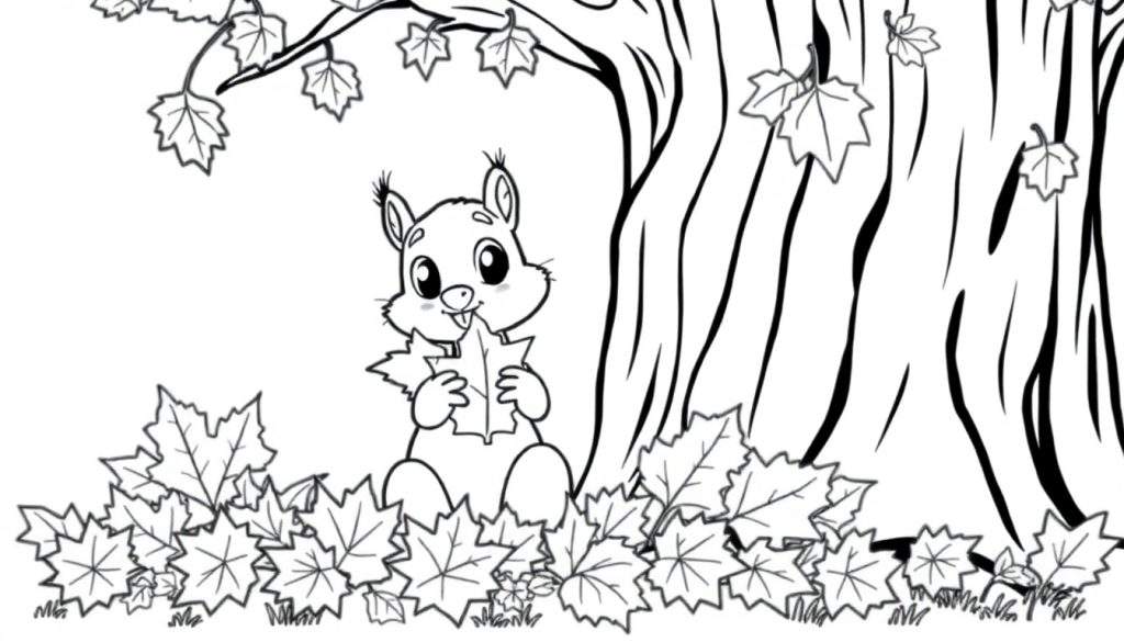 A cute squirrel gathering autumn leaves in a forest, a black and white coloring page for a color panel.