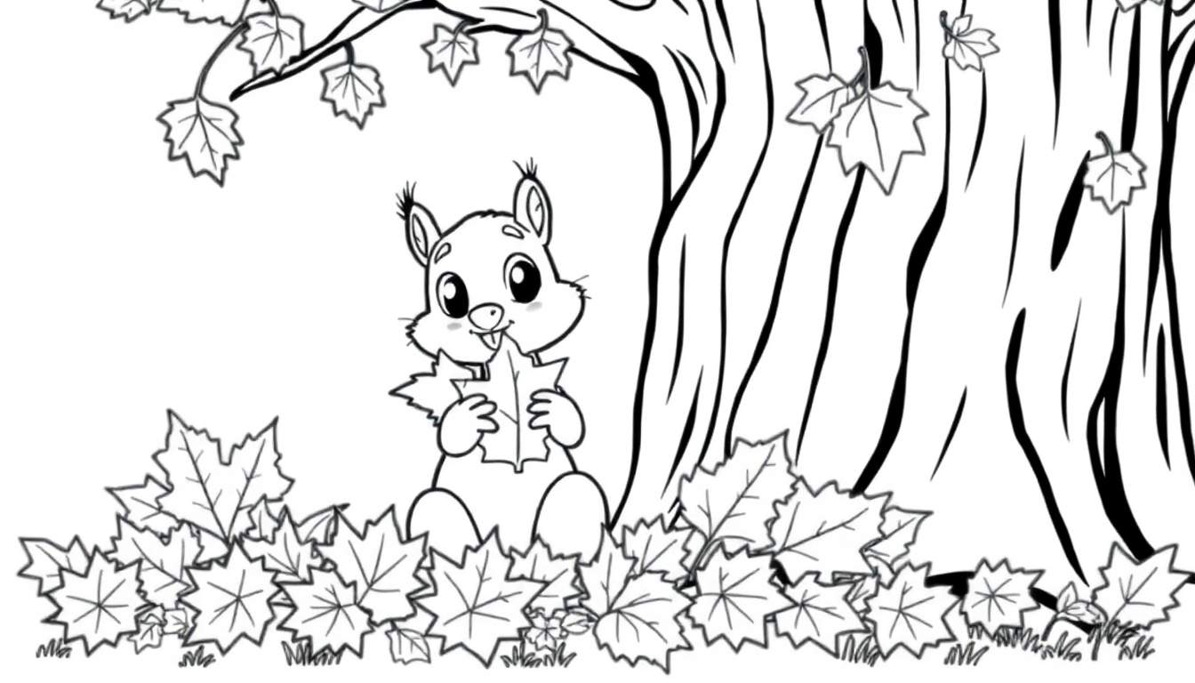 A cute squirrel gathering autumn leaves in a forest, a black and white coloring page for a color panel.