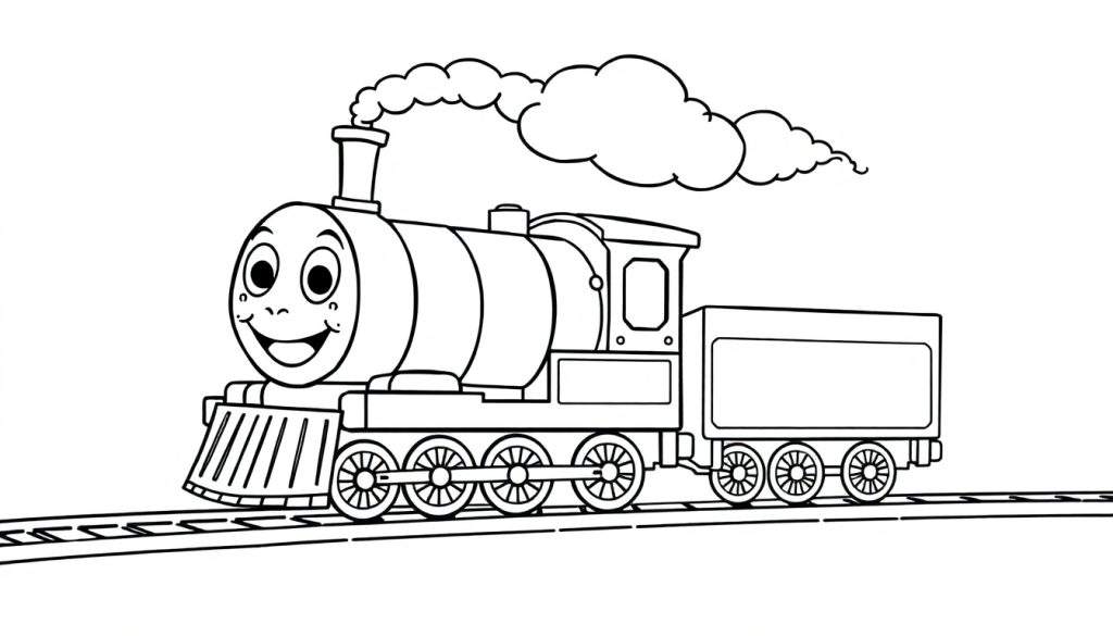 A cheerful black and white cartoon steam train with a smiling face, on tracks, ready for a color panel.