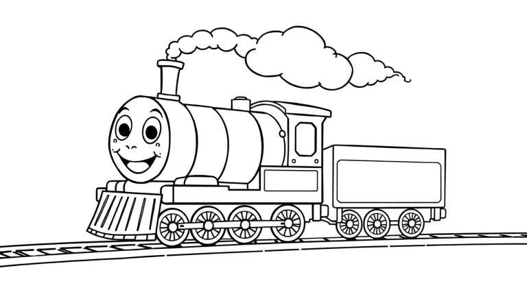 A cheerful black and white cartoon steam train with a smiling face, on tracks, ready for a color panel.