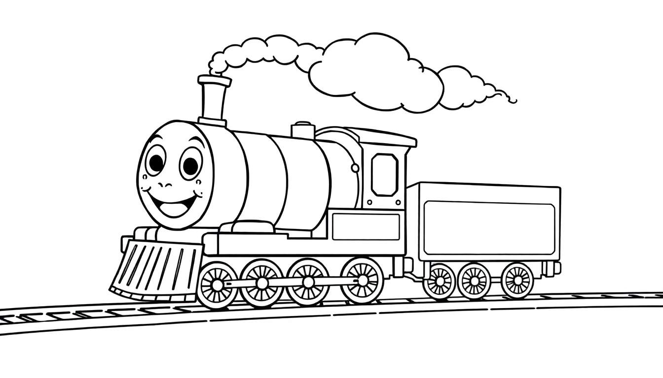 A cheerful black and white cartoon steam train with a smiling face, on tracks, ready for a color panel.
