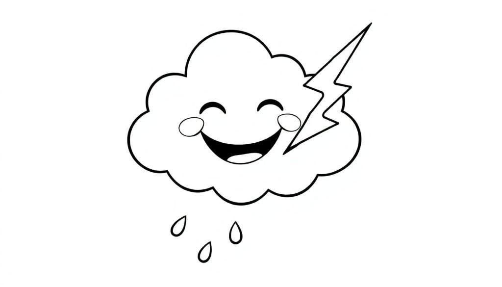 A happy cartoon cloud in a black and white color panel with a lightning bolt and rain.