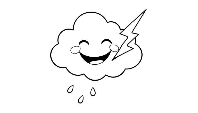 A happy cartoon cloud in a black and white color panel with a lightning bolt and rain.