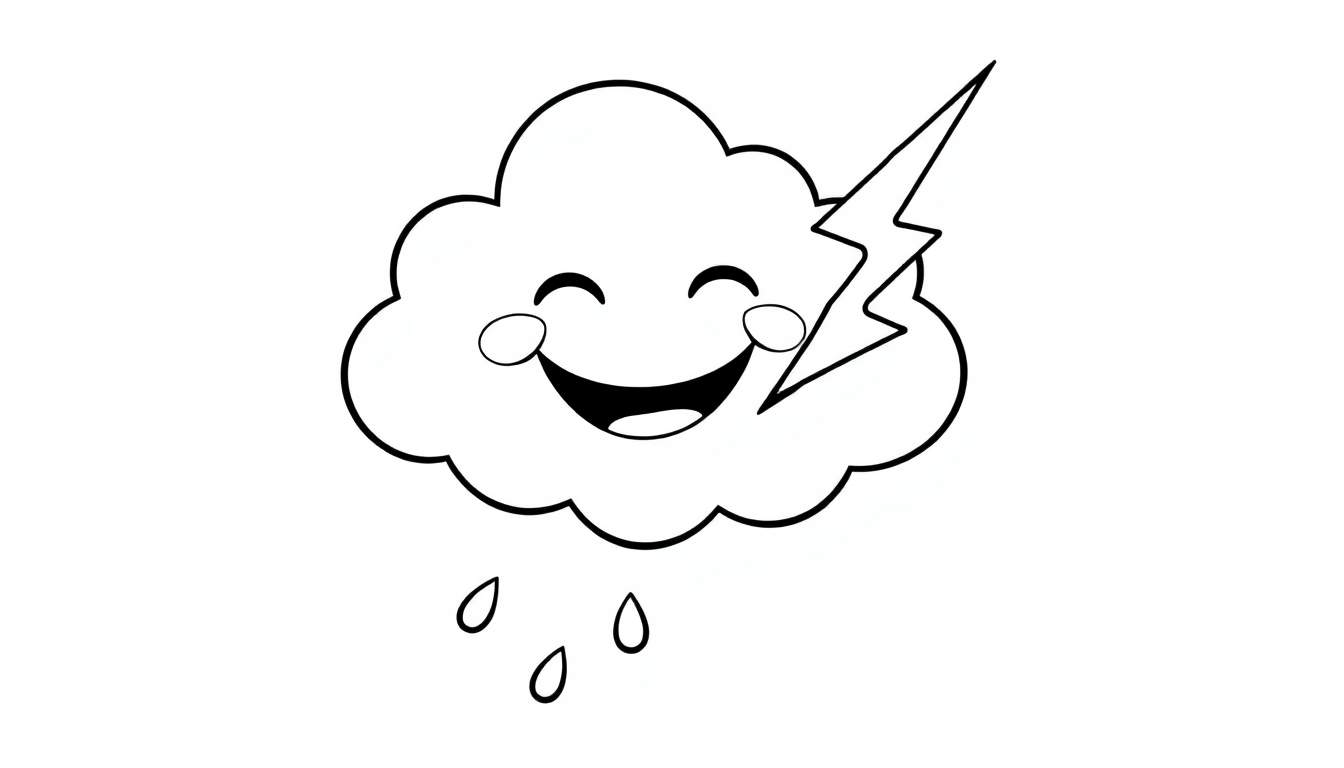 A happy cartoon cloud in a black and white color panel with a lightning bolt and rain.