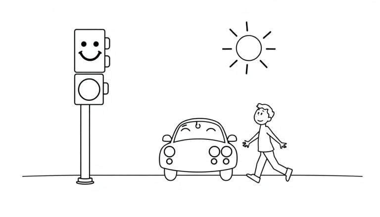 A friendly black and white coloring page with a smiling traffic light, a smiling car, and a happy pedestrian on a sunny day. Includes a color panel.