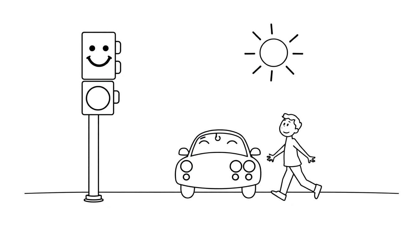 A friendly black and white coloring page with a smiling traffic light, a smiling car, and a happy pedestrian on a sunny day. Includes a color panel.