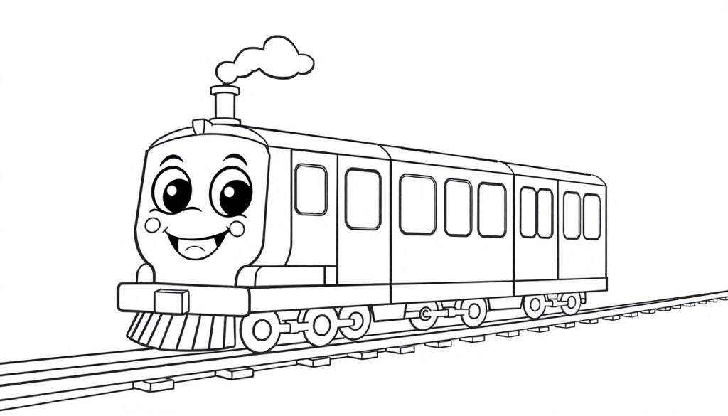 A friendly cartoon subway train, a coloring panel, chugging happily along bold tracks.