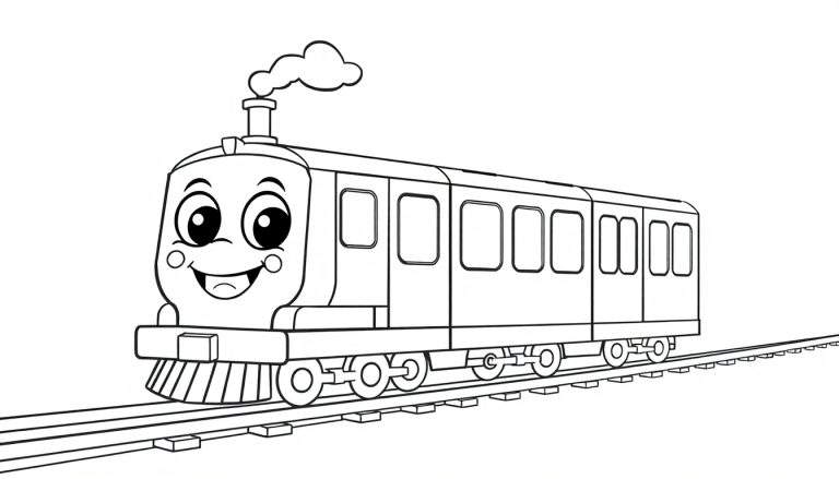 A friendly cartoon subway train, a coloring panel, chugging happily along bold tracks.
