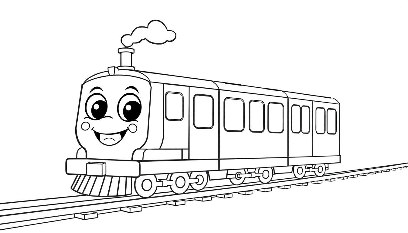 A friendly cartoon subway train, a coloring panel, chugging happily along bold tracks.