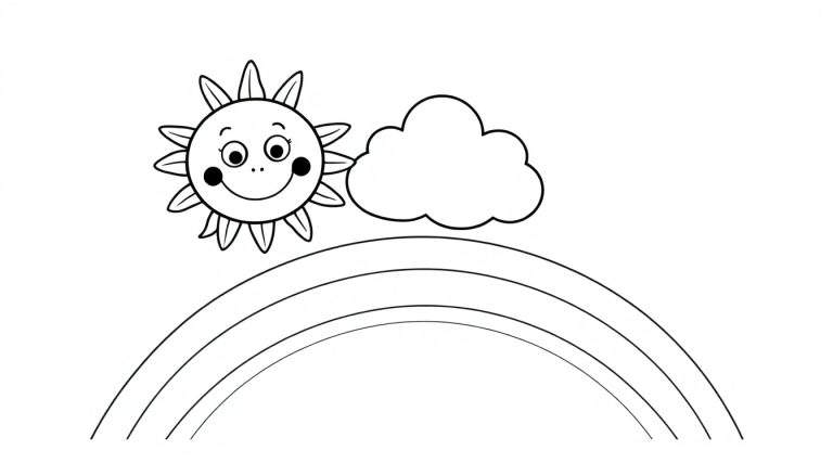 A black and white coloring page color panel featuring a smiling sun, a fluffy cloud, and a rainbow.