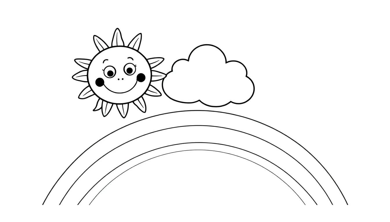 A black and white coloring page color panel featuring a smiling sun, a fluffy cloud, and a rainbow.