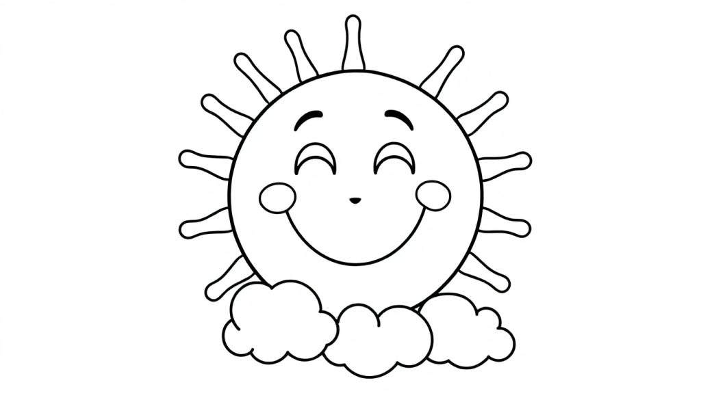A happy sun with a smiling face and rays, set against a color panel background with clouds below, ready for coloring.